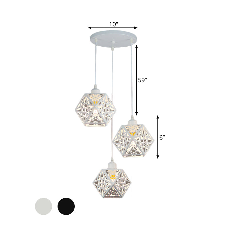 Snowflake Cage Pendant Iron 3-Light Ceiling Light In White/Black - Modern Novelty For Hotels