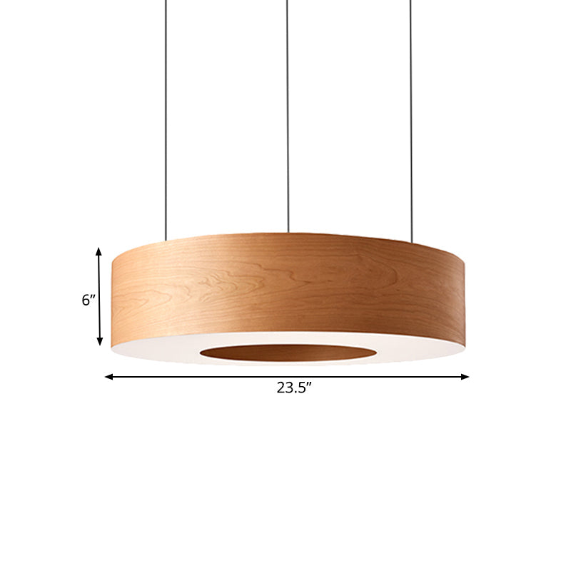 Sleek Brown Round Led Pendant Light Wooden Hanging Ceiling Fixture For Restaurants