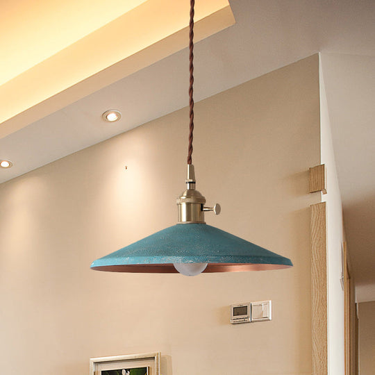 Rustic 1-Light Hanging Pendant Lamp In Blue/Red/Silver For Dining Room - Saucer Shade Iron Design