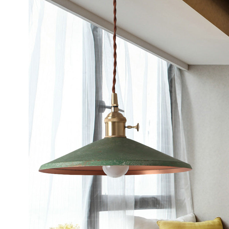 Rustic 1-Light Hanging Pendant Lamp In Blue/Red/Silver For Dining Room - Saucer Shade Iron Design