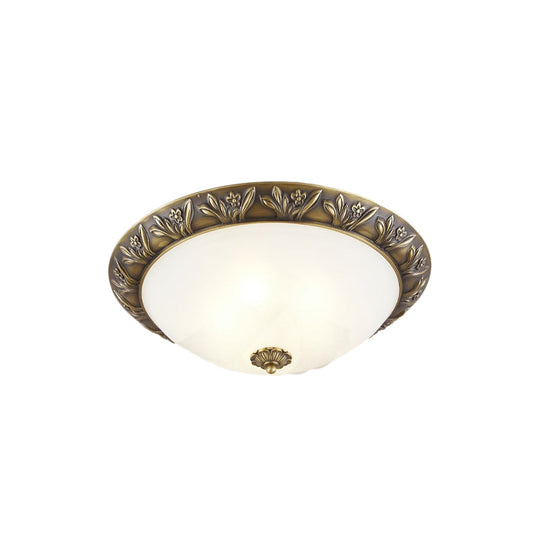 Ivory Glass Flush Mount Ceiling Lamp With Flower Trim In Black/Brass