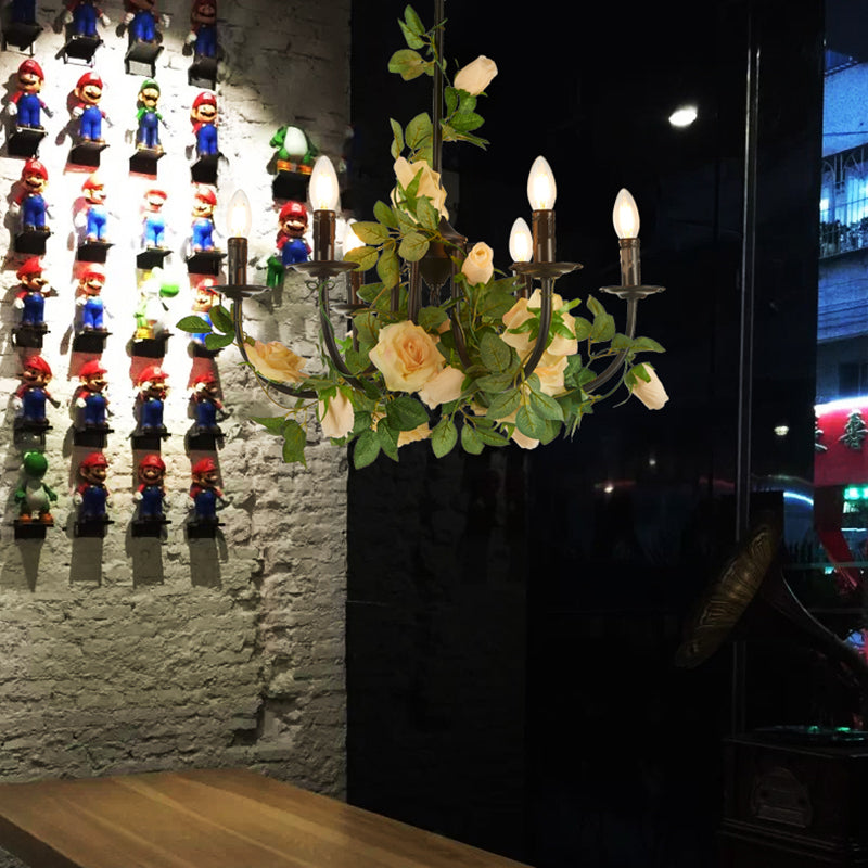 Black Iron Chandelier Lamp With 6 Rose-Decorated Heads