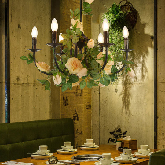 Black Iron Chandelier Lamp With 6 Rose-Decorated Heads