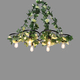 Retro Wheel Iron Chandelier Pendant Light With Plant Decor - 3/6 Heads In Black