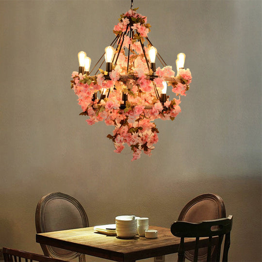Black Bare Bulb Chandelier With Pink Flower And Rope Suspension - 14-Bulb Light Fixture For