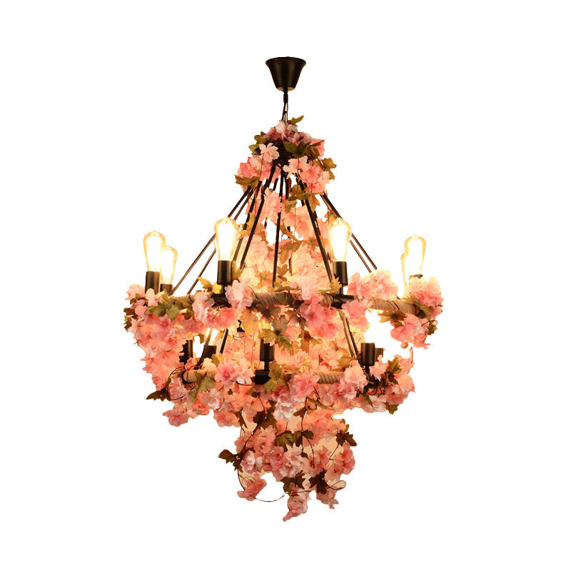 Black Bare Bulb Chandelier With Pink Flower And Rope Suspension - 14-Bulb Light Fixture For