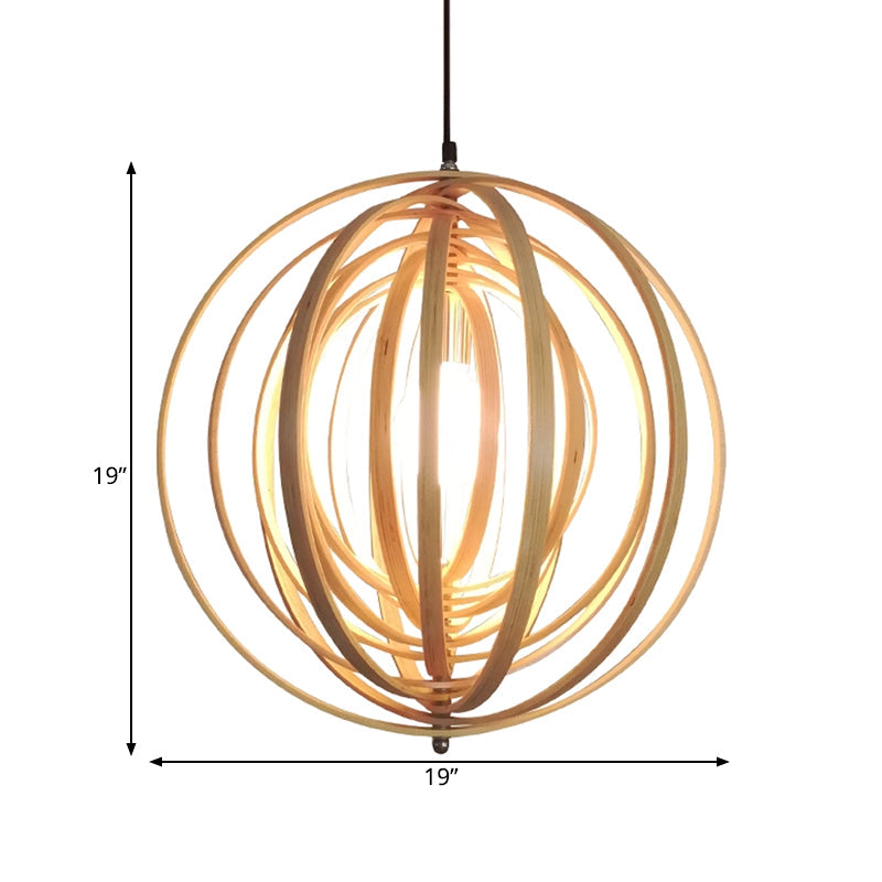 Rippling Sphere Wood Pendant Light Kit - Asian 1 Beige Hanging Fixture For Table