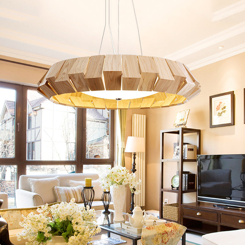 Curved-Edge Round Led Pendant Lighting - Asia Style Natural Wood Lounge Hanging Light With Milk