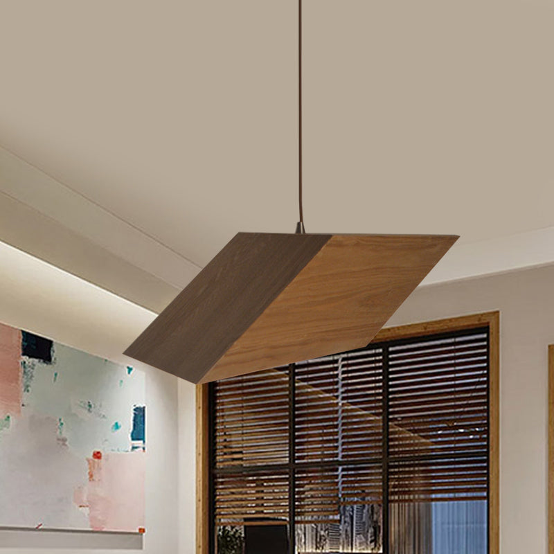 Modern Triangular Prism Wood Pendant Light Kit 1 Beige Hanging Fixture