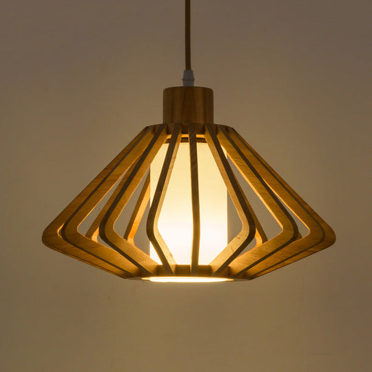 Diamond Cage Pendant Light Asian Wood 1 Head 14/18 Wide Beige Ceiling Lamp With Inner Pillar Shade