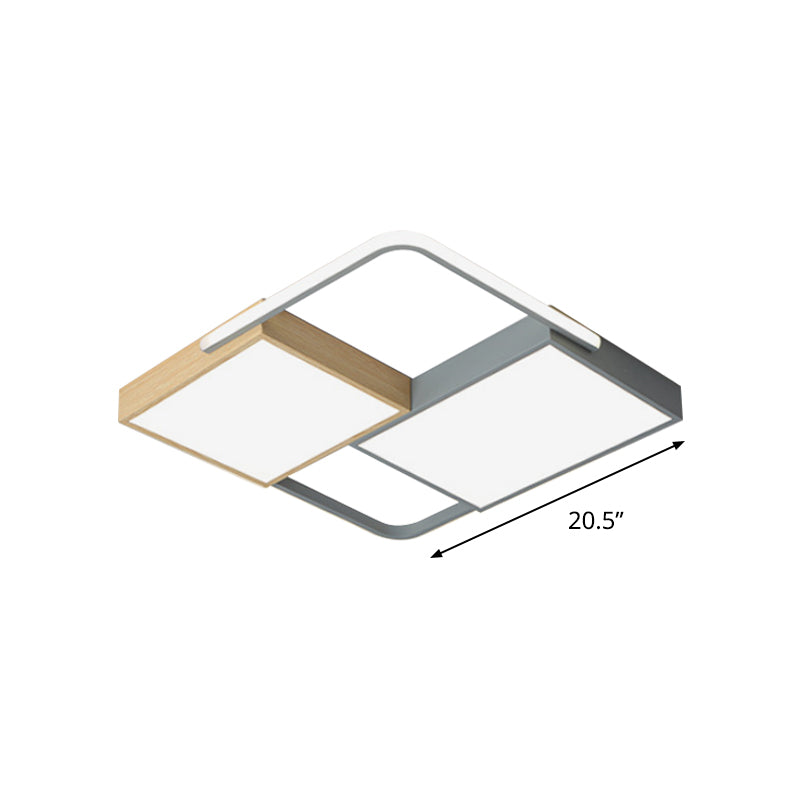 Nordic Led Ceiling Light - 20.5’ X 34’ Acrylic Grey & Wood Flush Mount With Grid Design Warm/White