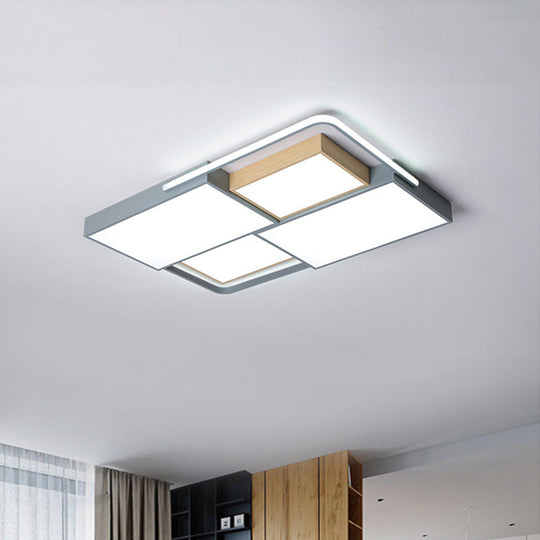Nordic Led Ceiling Light - 20.5’ X 34’ Acrylic Grey & Wood Flush Mount With Grid Design