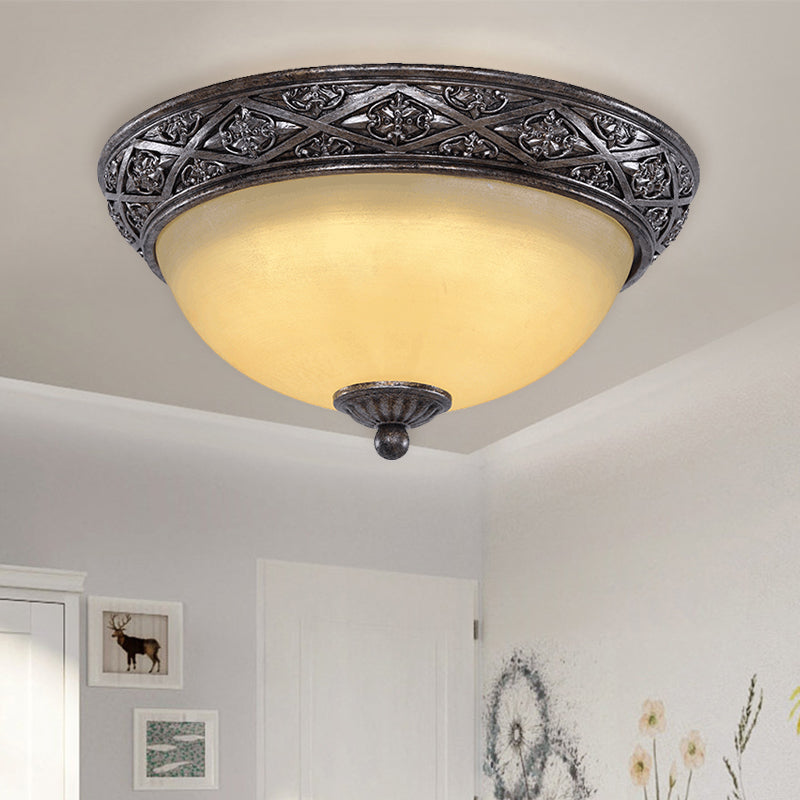 Traditional Floral Close - To - Ceiling Light With Carved Dome And Frosted Glass Bulbs - Black