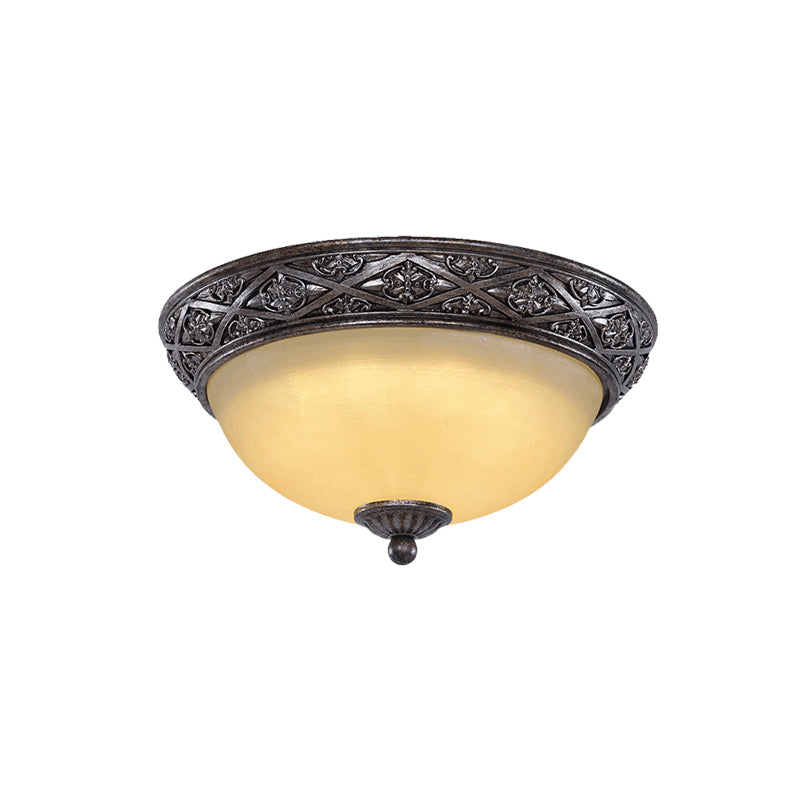 Traditional Floral Close - To - Ceiling Light With Carved Dome And Frosted Glass Bulbs - Black