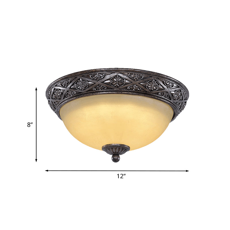 Traditional Floral Close - To - Ceiling Light With Carved Dome And Frosted Glass Bulbs - Black