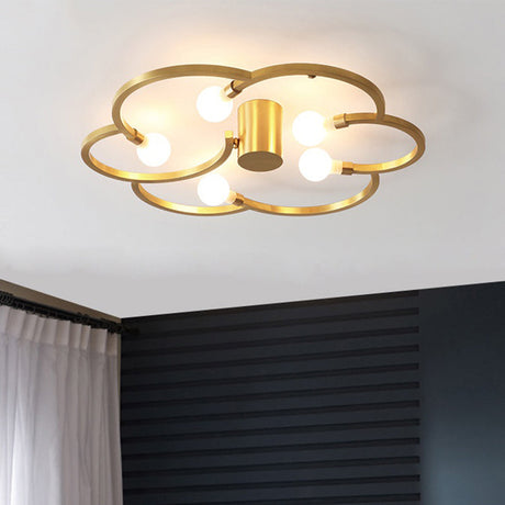 Vintage Flower Cage Iron Semi-Flush Mount Light Fixture For Bedroom - Black/Gold Finish 5 Bulb Bare
