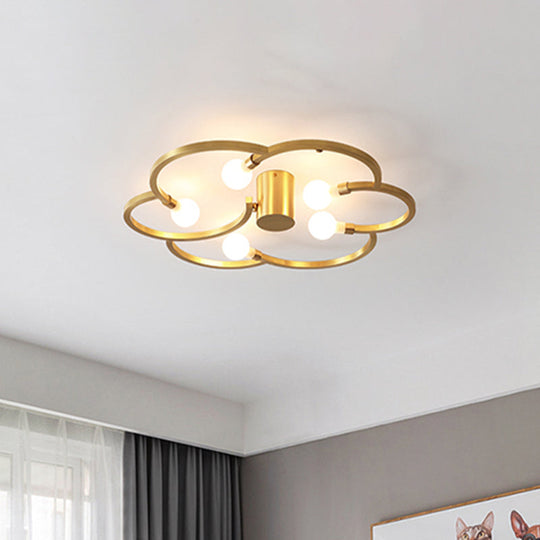 Vintage Flower Cage Iron Semi - Flush Mount Light Fixture For Bedroom - Black/Gold Finish 5 Bulb