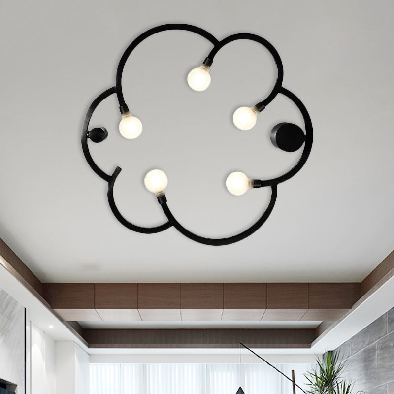 Vintage Flower Cage Iron Semi-Flush Mount Light Fixture For Bedroom - Black/Gold Finish 5 Bulb Bare