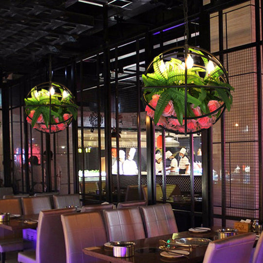 Modern Orb Cage Iron Chandelier With 4 Lights - Elegant Ceiling Hang Fixture In Black Rose And Leaf