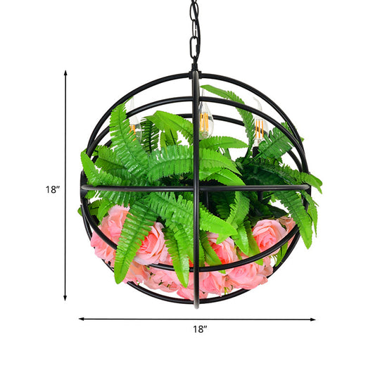 Modern Orb Cage Iron Chandelier With 4 Lights - Elegant Ceiling Hang Fixture In Black Rose And Leaf