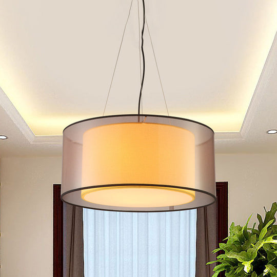 Modern 2-Layer Chandelier: Rectangle/Round Design 3 Bulbs - Flaxen Fabric Dining Room Ceiling Lamp