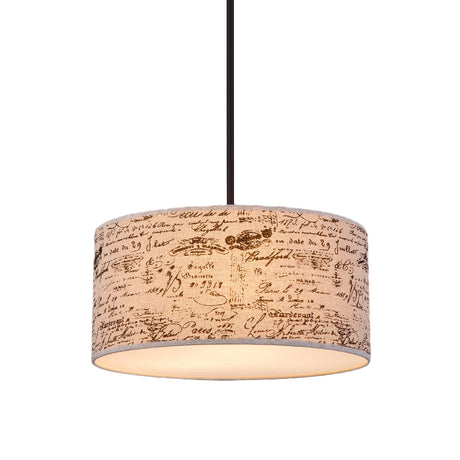 Modern Flaxen Drum Pendant Light With Script Lamp Shade - Available In 12 Or 16 Diameter