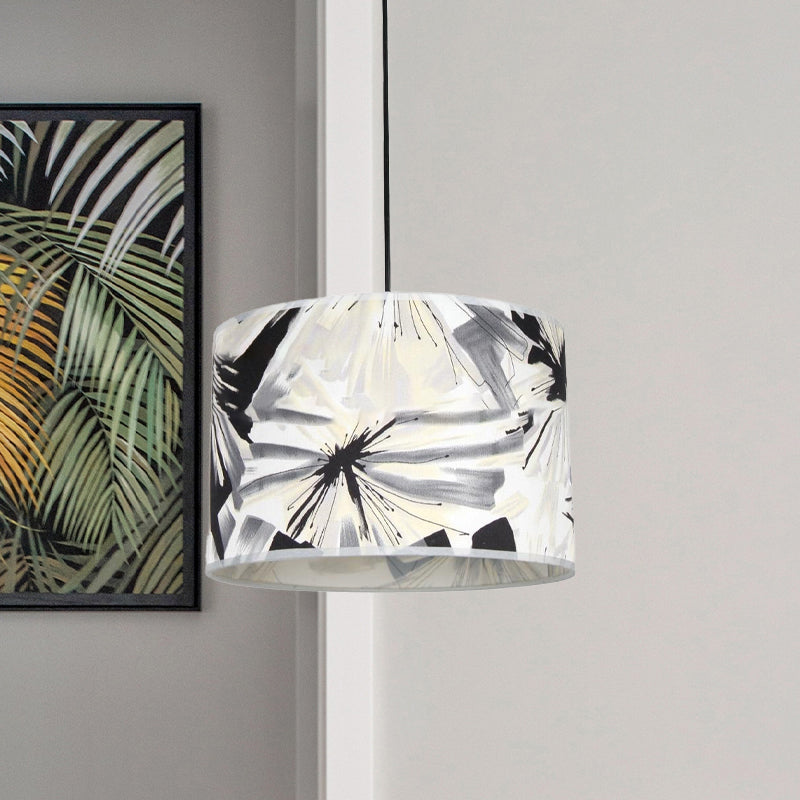 Modern Pendulum Drum Pendant Light With Printed Fabric Shade - Single Bulb Black And White Fixture