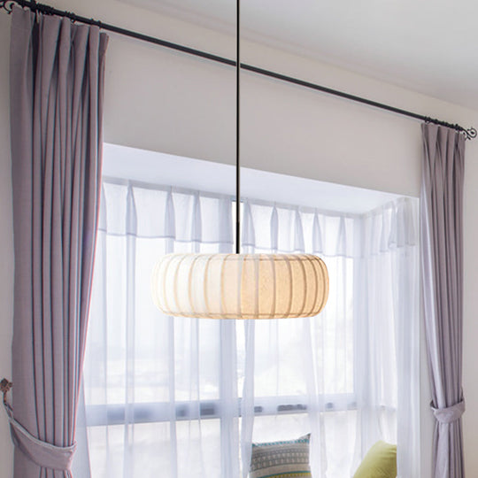 Simple 3-Bulb White Pendant Chandelier With Fabric Ribbed Wheel Design For Table