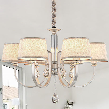 Modern Nickel Chandelier With Swoop Arms Flaxen Fabric Shade And Crystals - 3/6 Lights 6 /