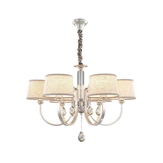 Modern Nickel Swoop Arm Chandelier: 3/6 Lights Metal Drop Lamp With Flaxen Fabric Shade And K9