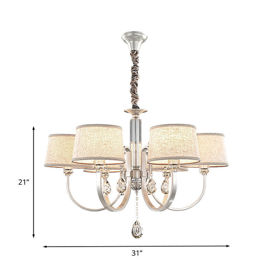 Modern Nickel Swoop Arm Chandelier: 3/6 Lights Metal Drop Lamp With Flaxen Fabric Shade And K9
