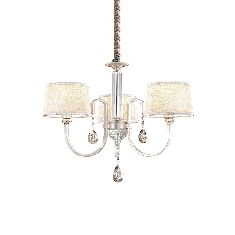 Modern Nickel Swoop Arm Chandelier: 3/6 Lights Metal Drop Lamp With Flaxen Fabric Shade And K9