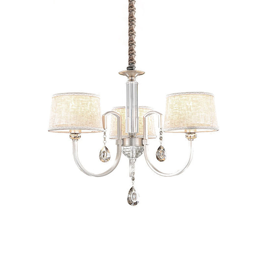 Modern Nickel Swoop Arm Chandelier: 3/6 Lights Metal Drop Lamp With Flaxen Fabric Shade And K9