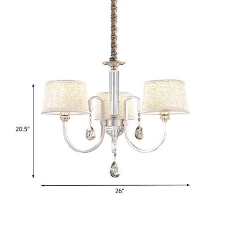Modern Nickel Chandelier With Swoop Arms Flaxen Fabric Shade And Crystals - 3/6 Lights