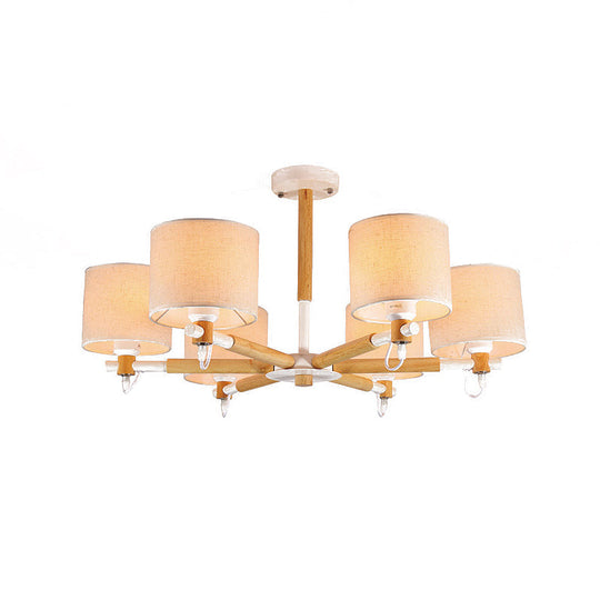 6 - Head Nordic Wooden Semi Flush Chandelier With Fabric Shade For Living Room Ceiling