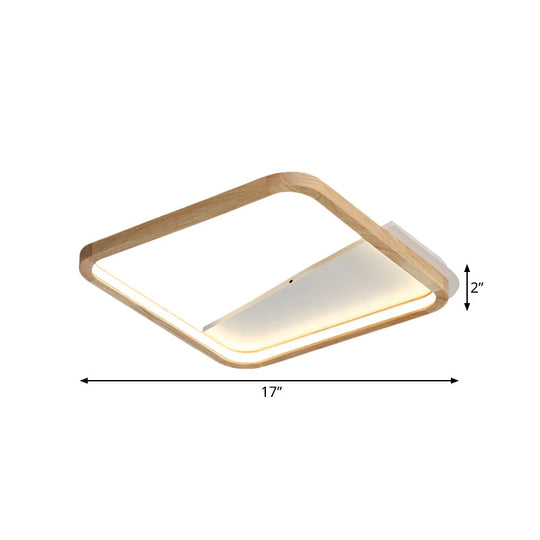 13/17 Wide Beige Flush Mount Led Ceiling Light With Wood Frame - Simple Bedroom Fixture