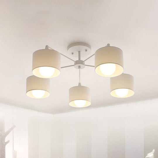 Nordic Fabric Semi Flush Mount Lamp In White - 5 - Bulb Bedroom Ceiling Chandelier