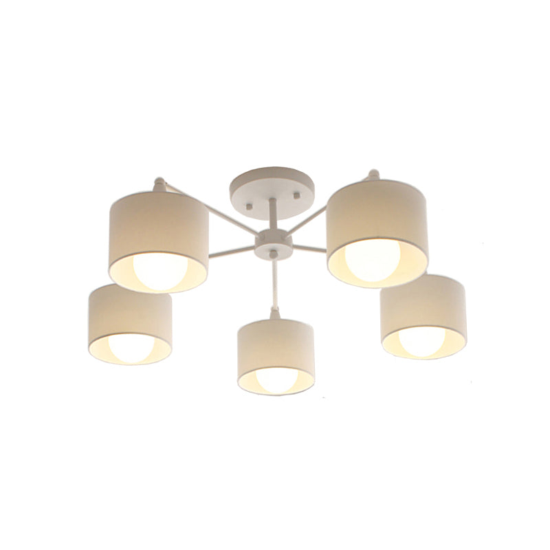 Nordic Fabric Semi Flush Mount Lamp In White - 5-Bulb Bedroom Ceiling Chandelier