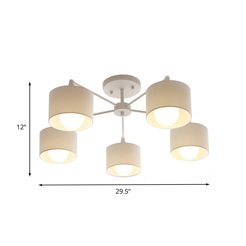 Nordic Fabric Semi Flush Mount Lamp In White - 5-Bulb Bedroom Ceiling Chandelier