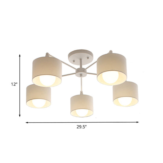 Nordic Fabric Semi Flush Mount Lamp In White - 5-Bulb Bedroom Ceiling Chandelier