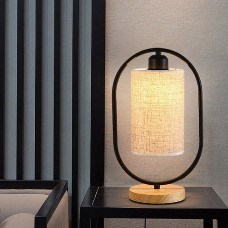 Modern Fabric 1-Light Column Nightstand Lamp With Ellipse Frame And Wood Base In Black/White -
