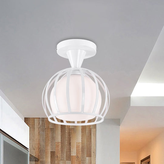 Modern Opal Glass Ceiling Mount Light - Half Globe Semi Flush White With Wire Cage Guard