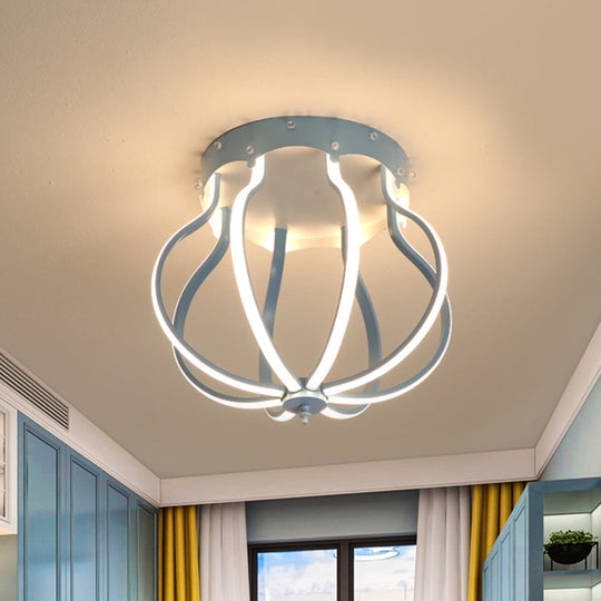 Macaron Style Aluminum Led Ceiling Light - Yellow/Blue Pear Cage Semi Flush Mount For Bedroom