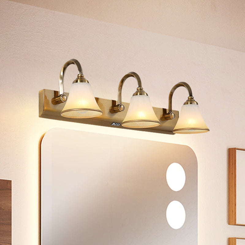 Vintage Opal Glass Bell Wall Mounted Vanity Sconce With Gold Finish And Metal Swooping Arm - 2/3/4