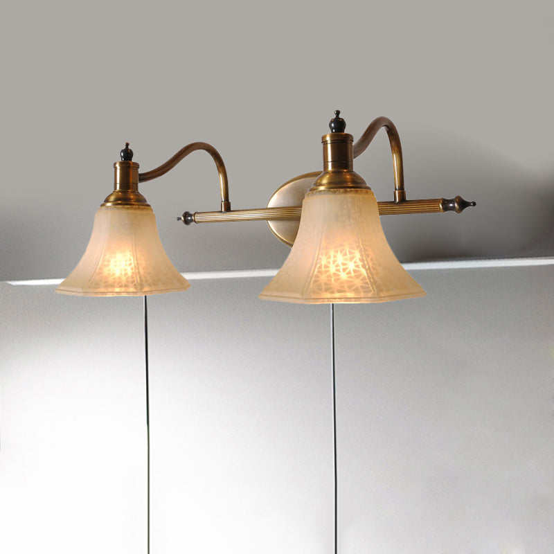 Frosted Glass Bell Vanity Light With Metal Swooping Arm - Antique Gold 2/3 Bulbs Bathroom Sconce