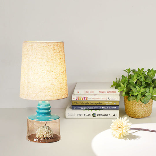 Jade - Pastoral Bucket Table Lamp 1-Bulb Fabric Night Light In Clear/Blue/Black With Dried Flower