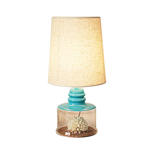 Jade - Pastoral Bucket Table Lamp 1-Bulb Fabric Night Light In Clear/Blue/Black With Dried Flower
