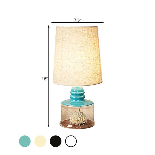 Jade - Pastoral Bucket Table Lamp 1-Bulb Fabric Night Light In Clear/Blue/Black With Dried Flower