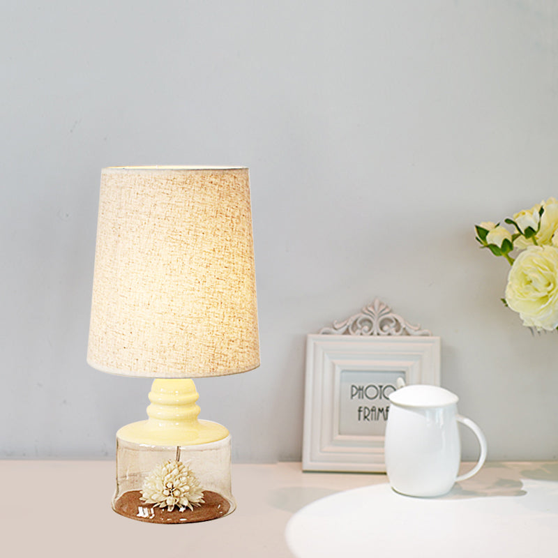 Jade - Pastoral Bucket Table Lamp 1-Bulb Fabric Night Light In Clear/Blue/Black With Dried Flower