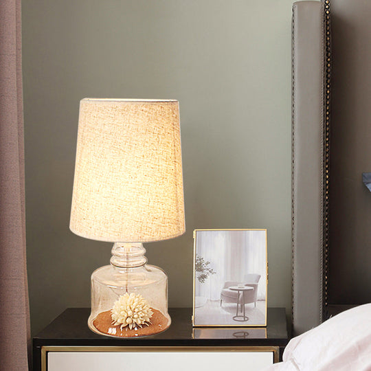 Jade - Pastoral Bucket Table Lamp 1-Bulb Fabric Night Light In Clear/Blue/Black With Dried Flower